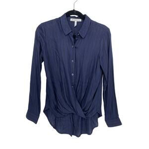 BCBGeneration Top Women's Sz XS Wrap Hem Blouse Dark Navy Combo Metallic Stripe